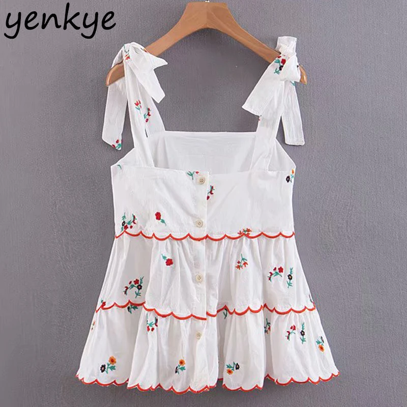 

Fashion 2019 Women Floral Embroidered Crop Top Sexy Lady Bow Tie Strap Sleeveless Summer White Cami Top