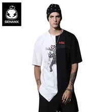 

Genanx Brand 100% Cotton Irregular Hem Pathwork Print Loose O-neck Half Sleeve Youth Casual Fashion T-shirt Men Size M-XXL