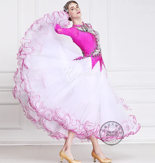 

customize elegant pink white patchwork puff Fox trot Waltz tango salsa competition ballroom dance dress