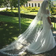 2,5 м новые белые белоснежные свадебные вуали 2 слоя кружевной свадебный тюль вуаль Аппликации Длинные Свадебные вуали Veu De Noiva