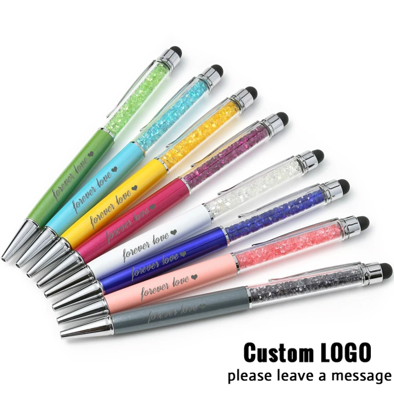 30Pcs Metallic Crystal Pens Free Custom Logo Pen Handwriting Capacitance Diamond Touch Screen Metal Ball Point Pen Office Supply