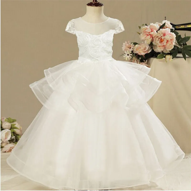 

White Long Dress for Girls Wedding Evening Flower Clothing Kids Layered Cake Dresses for Girls First Holy Communion Clothes