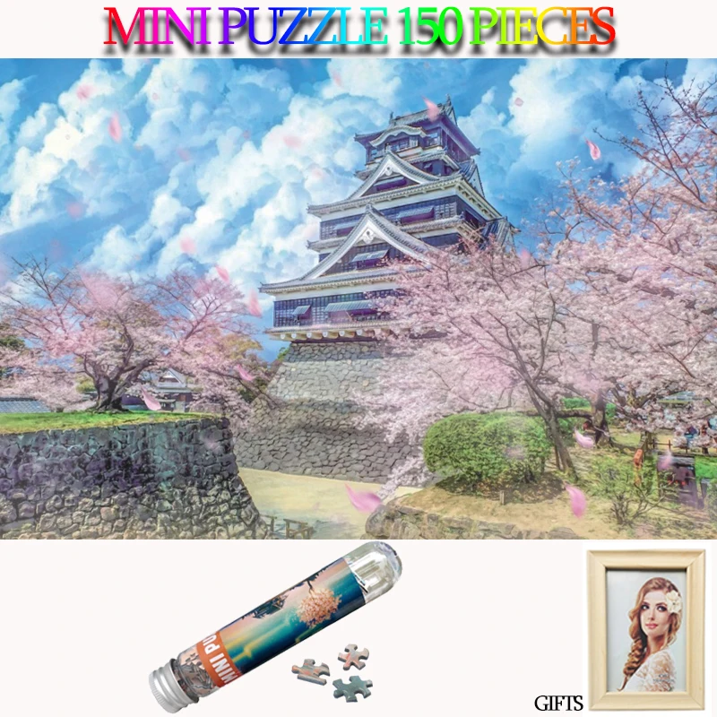 

MOMEMO Sakura and Palaces Mini 150 Pieces Jigsaw Puzzle Tube Paper Puzzle Japan Landscape Jigsaw Puzzle Toys with Photo Frame