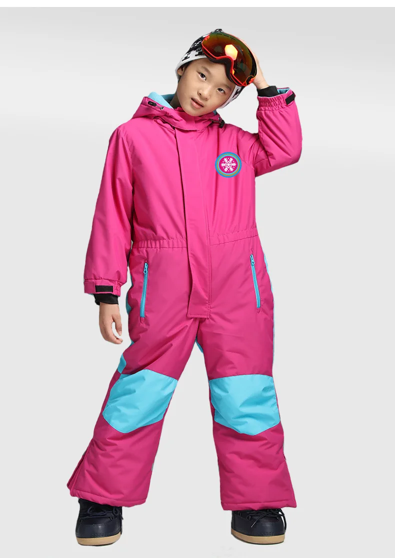 2018 new children's one piece ski suit solid color warm hooded ski suit