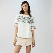 Летняя новая мода Лес Стиль o-образным вырезом короткий рукав цветочный вышивка леди хлопок свободные футболки
