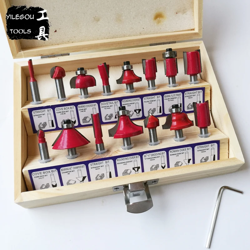 

Free Shipping 15Pcs Router Bit Set 1/4" Trimmer Cutter 6.35mm Shank Carbide Router Cutter Set For 1/4" Wood Trimmer Cutter