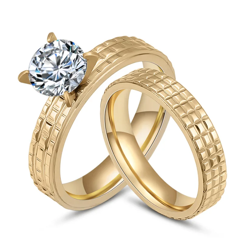 

Silver/Rose/Gold Color Stainless Steel Couple Rings For Women Men Engagement Wedding Bands Cubic Zirconia Round Lover Ring Gift
