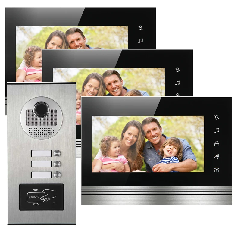 

3 Apartments 7" inch color touch screen video intercom system with inductive card reader doorbell dark bottom box install
