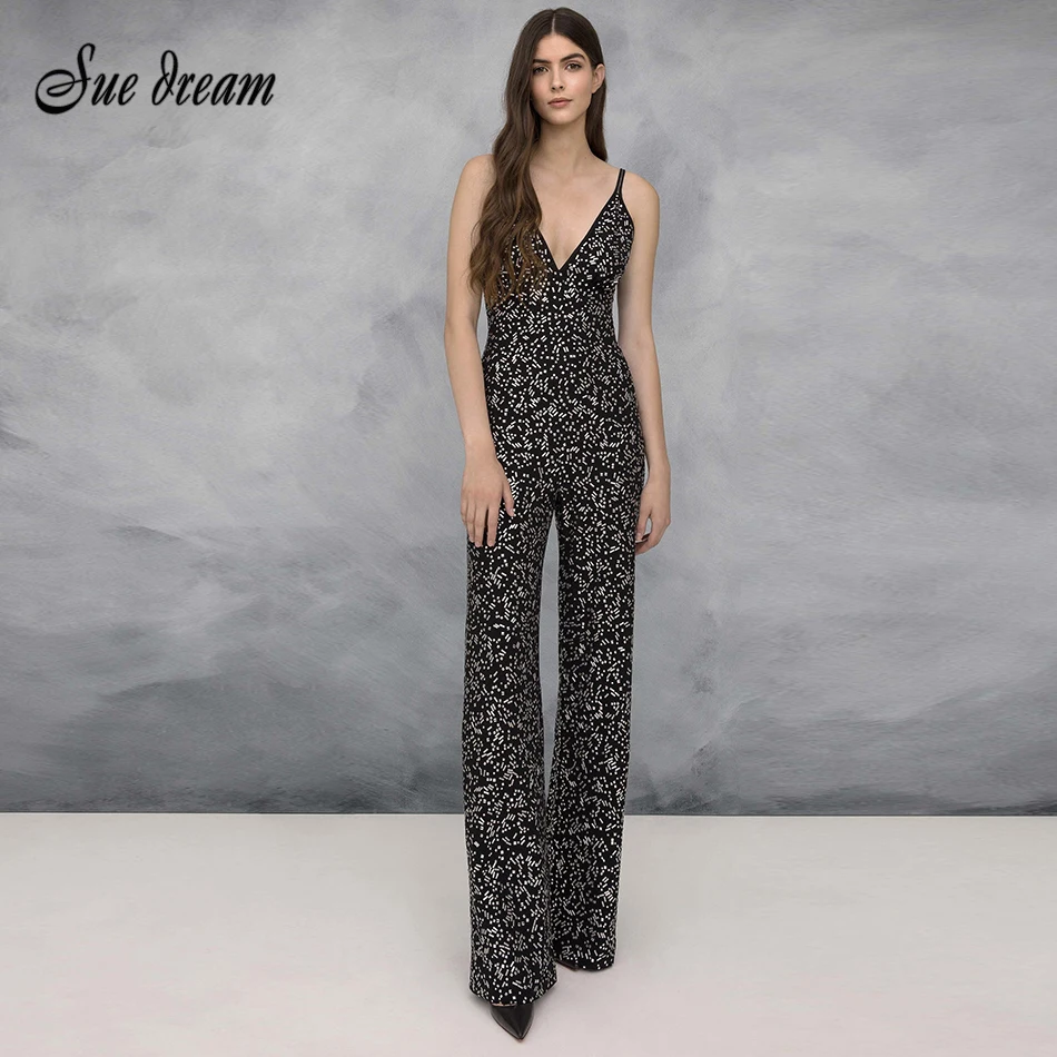

2019 new celebrity non-slip black V-neck beaded rayon bandage evening party jumpsuit sexy deep V pants overalls