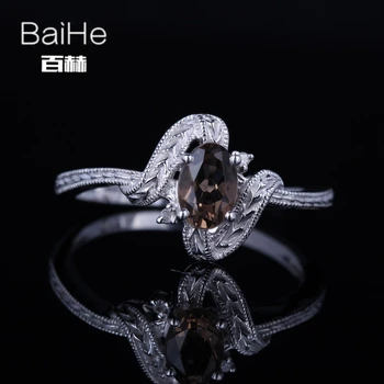 

BAIHE Solid 14K White Gold 0.6CT Brown Flawless Ovel Smokey Quartz Wedding Gift Women Trendy Fine Jewelry Smokey Quartz Ring