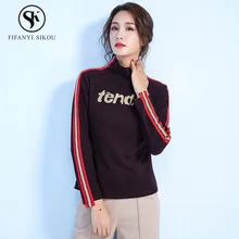 Мода Аппликации осень-зима кашемир Вязание Топы Стенд ошейник с длинным рукавом Футболка Для женщин Свободные высокой стрейчевая Футболка женская