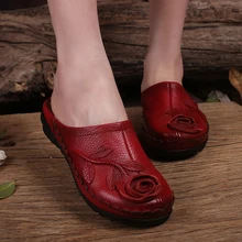 2017 Ethnic Style Genuine Leather Women Shoes Flat Sandal Handmade Flower Cow Leather Women Slides