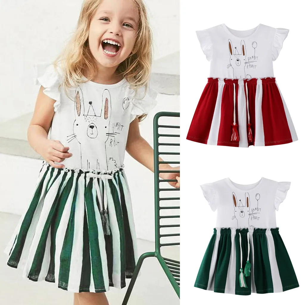 Toddler Kid Baby Girl Striped Rabbit Bunny Letter Printed Casual Dress Clothes Tassel Sashes Patchwork Green Red | Детская одежда и