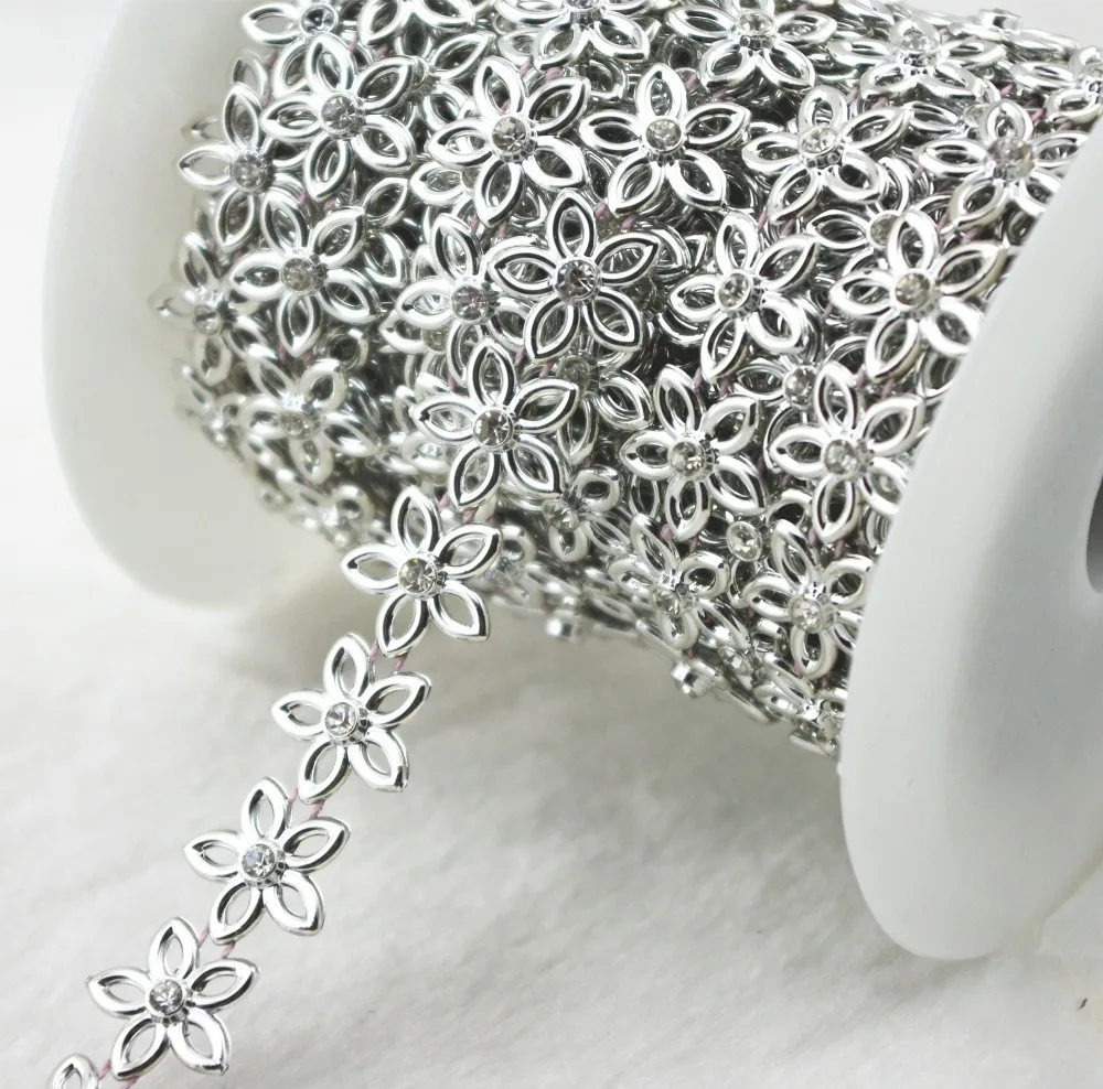 16mm Flower Shaped Silver Pearl Rhinestone Chain Trims Sewing Crafts