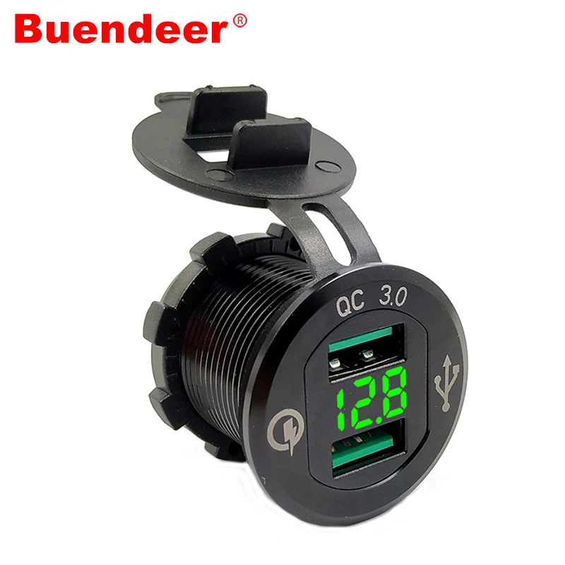 

Buendeer 12V-24V Car Motorcycle Dual USB Cigarette Lighter Adapter QC 3.0 Power Socket USB Splitter with LED Voltmeter Monitor