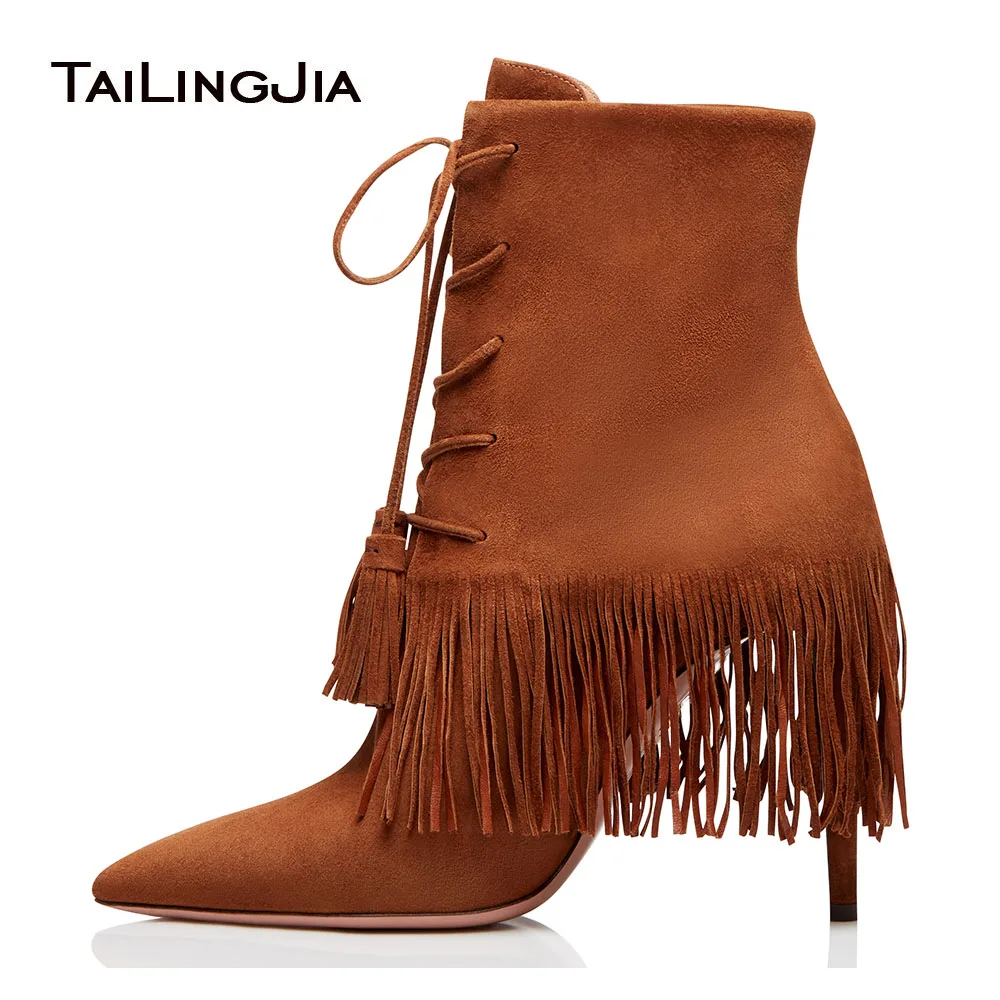 2019 red Lace D'hiver Brown Mince Automne Rouge Fringe Bottes Talon Courts Chaussures Haut Brun Up Cheville Gland Bout Pointu Femmes Dames Bottillons q8w6F1q