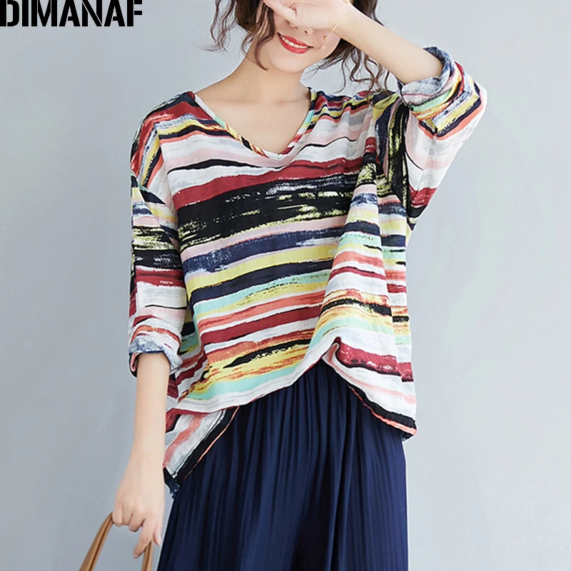 

DIMANAF Plus Size T-Shirts Women Vintage Linen Basic Large Tops Tees Loose Female Lady V-Neck Shirts Long Sleeve Print Striped
