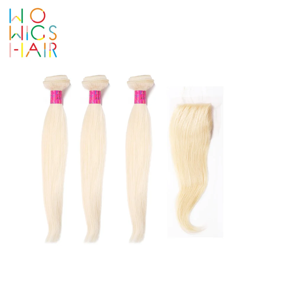 

Wowigs Hair Platinum Blonde Straight Hair 3 Bundles Deal With Top Lace Closure / Frontal