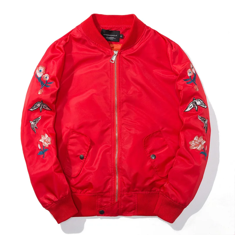 Мужская и женская модная куртка с капюшоном и вышивкой, пальто для пар в стиле Харадзюку с цветочным принтом, Классическая уличная ветровка, мужская куртка-пилот - Цвет: Red