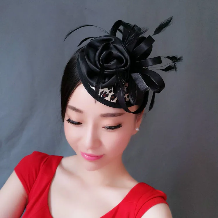 

Fashion Leopard Pattern Wedding Fascinator Hat Women Vintage Fancy Show Party Cocktail Lace Feather Headpiece Hair Accessories