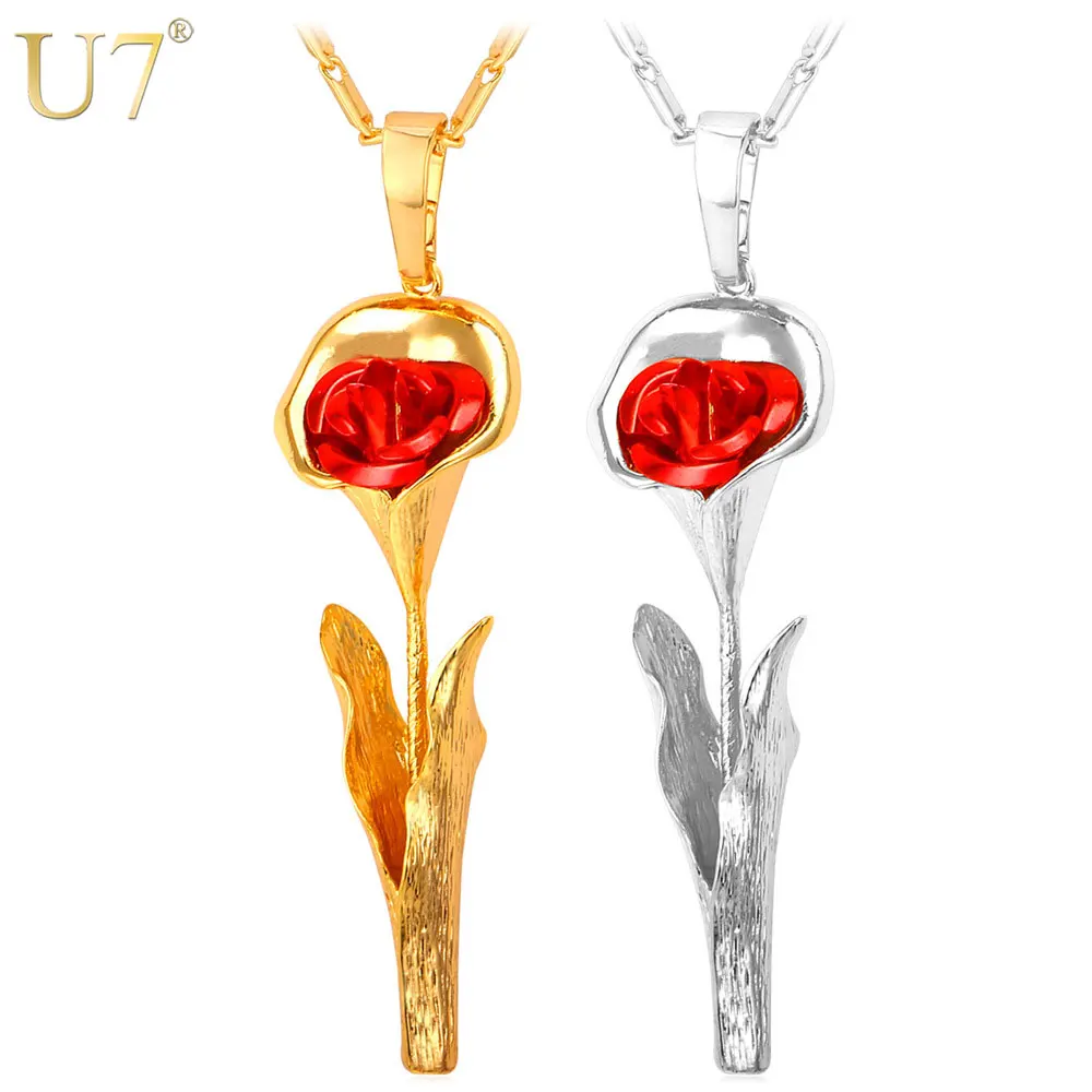 

U7 Gold Morning Glory Flower Pendant Necklace Sale Platinum/18K Real Gold Plated Vintage Rose Necklace Gift Women Jewelry P775
