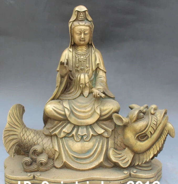

Chinese Bronze Kwan Yin Goddess Ride On Dragon Fish Statue
