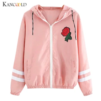 

KANCOOLD coats Women Rose Thin Skinsuits Hooded Zip Floral Pockets Sport Coat Long Sleeve new woman coats and jackets 2019JUL22