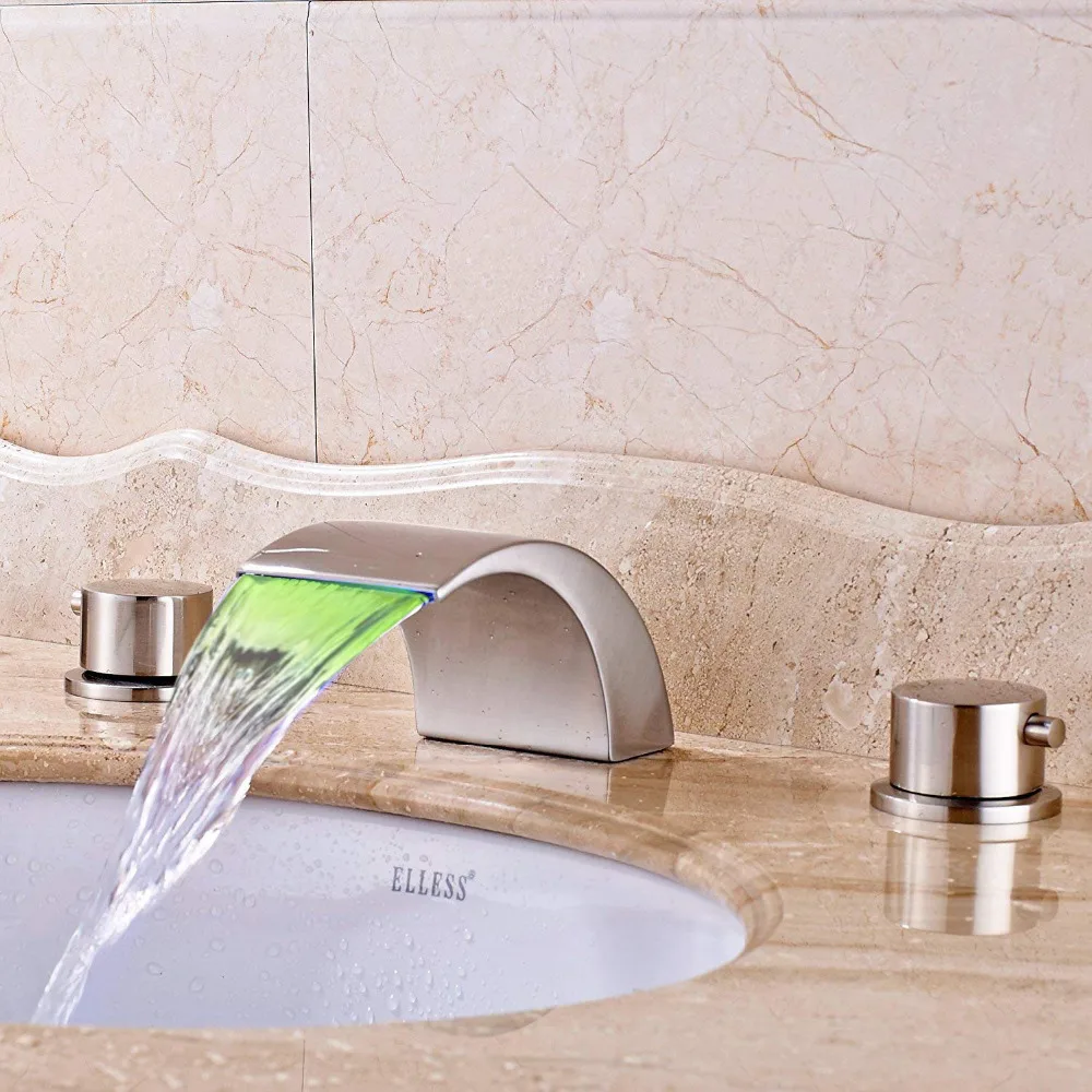 Bathroom Widespread Waterfall Spout Basin Faucet with LED Light