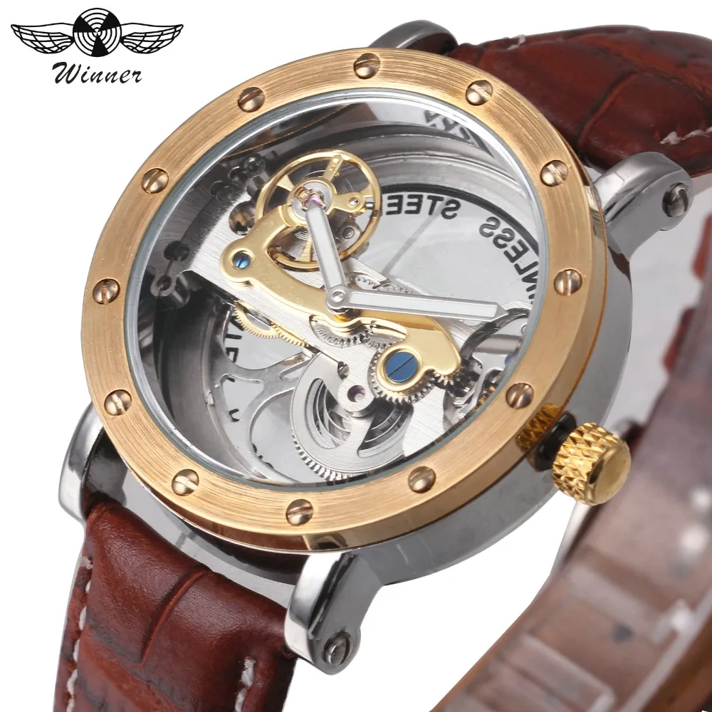 

WINNER Official Luxury Watches Golden Bridge Automatic Mechanical Watch Genuine Leather Strap Bezel Creative Skeleton Wristwatch