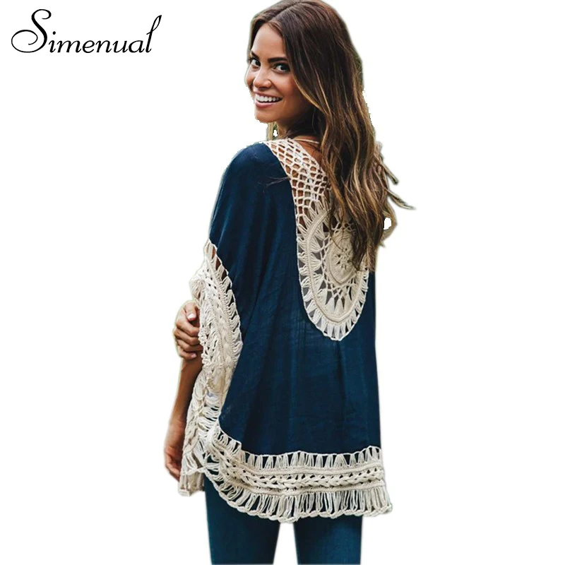 Cena Duży rozmiar czeski handmade crochet lace kobiety bluzki koszule plaża cover up patchwork luźna tuleja batwing pareo panie bluzka