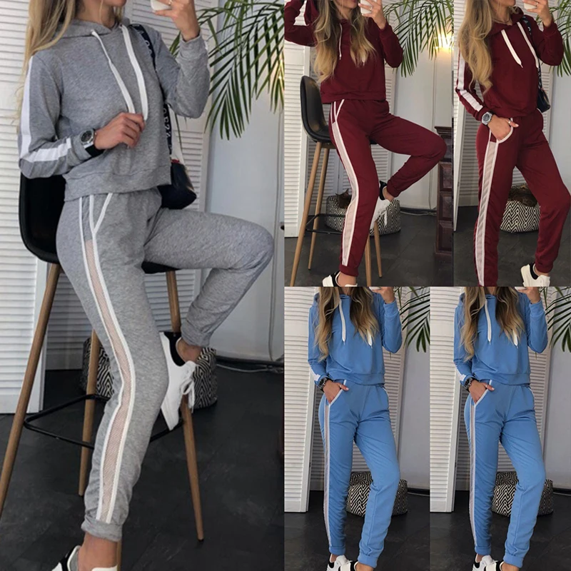 Sfit Модные женские с боковыми ремешками с капюшоном повседневные Cпортивные костюмы толстовки флисовые джоггеры комплект из 2 предметов для бега спортивная рубашка джоггеры