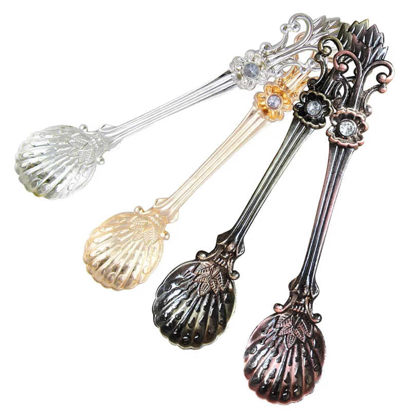 4pcs Retro Style Coffee Spoon Long Handle With Rhinestone Dessert/Soup/Pudding Spoons Creative