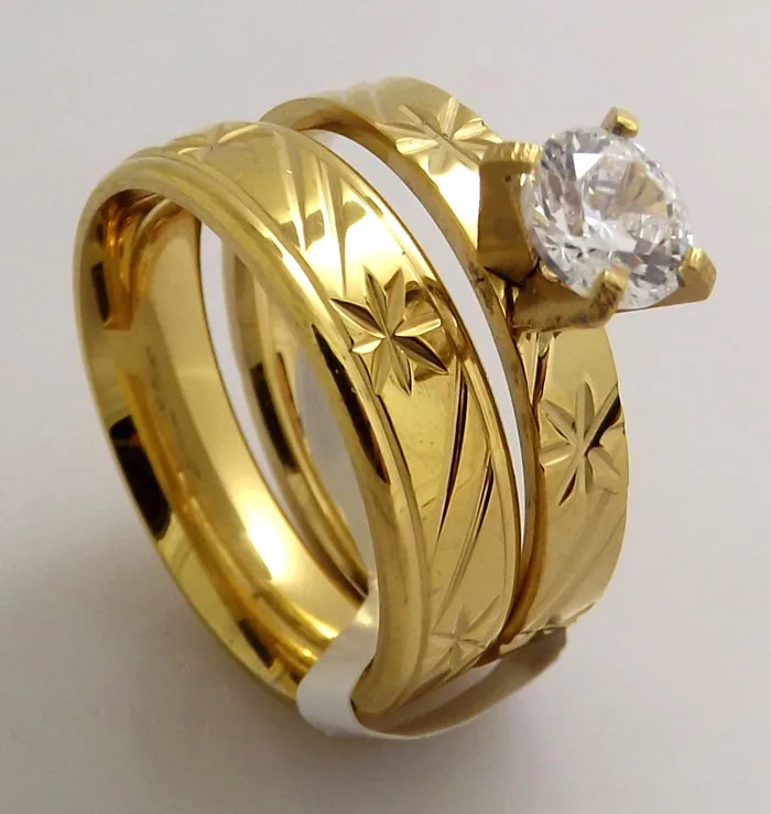 

Wholesale 2 pairs (4 pcs) gold Fashion high quality laser cut single CZ couple rings Free Shipping