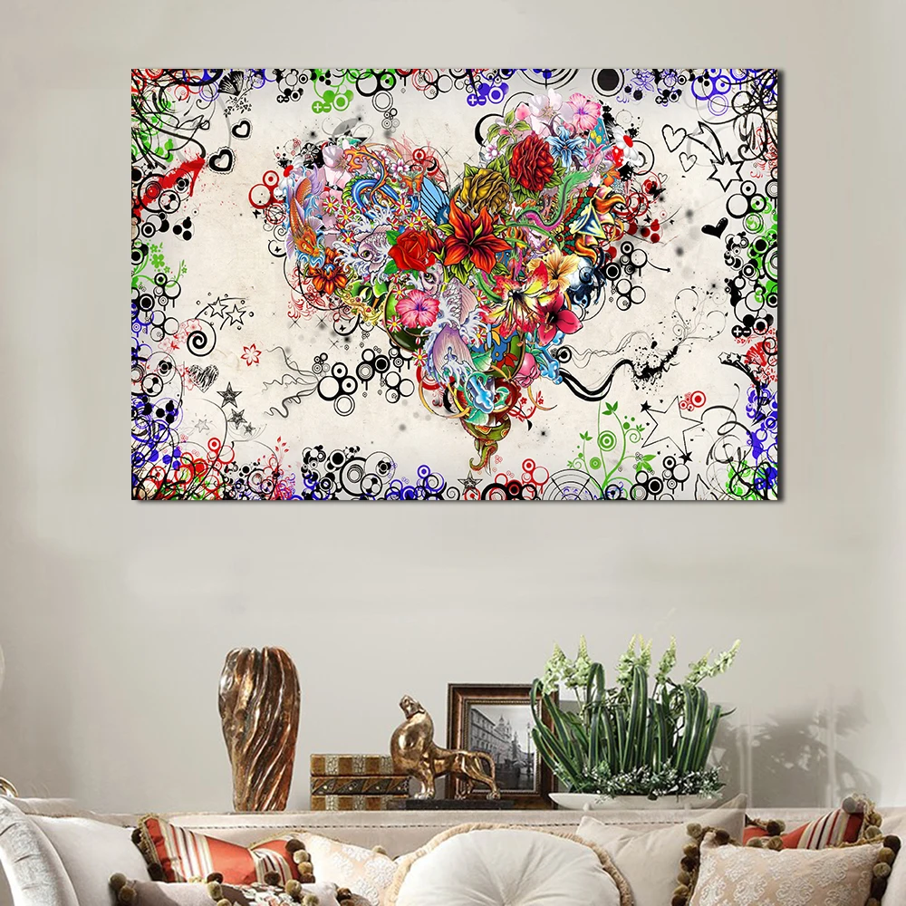 JQHYART печать несколько цветов в сочетании с сердцем любовь искусство абстрактная живопись маслом на холсте настенная художественная картина домашний Декор без рамки