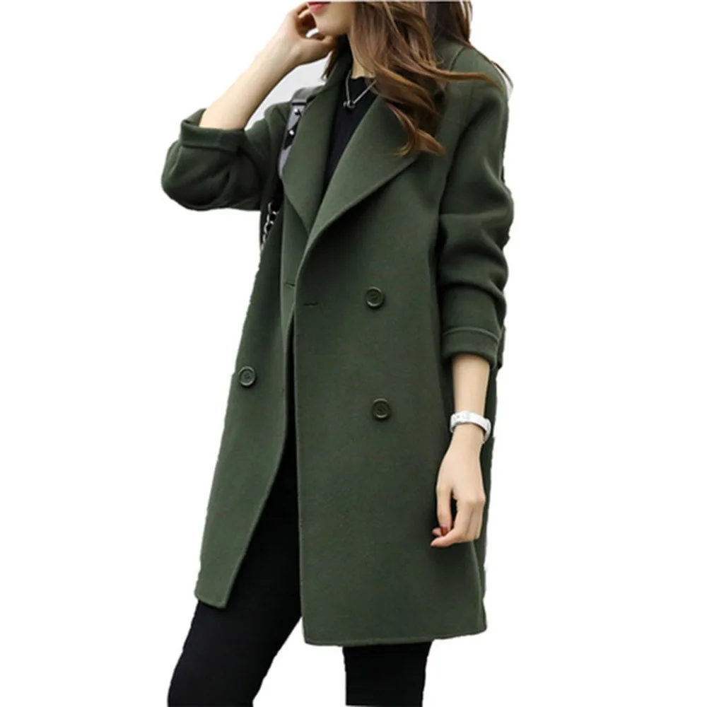 

Double-breasted Overcoat Long Sleeve Turn-down Collar Slim Fit Women Army Green Woolen Coats Spring Windproof Warm Jacket