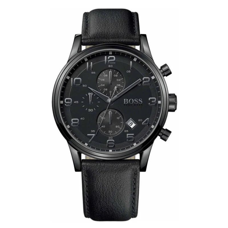 

BOSS Blackout Dial Chronograph Watch Mens Aeroliner Watch Casual Business Watch with Leather Strap - 1512567