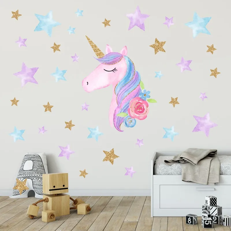 Cute Cartoon Magic Unicorn  Horse Heart Stars Wall Sticker 