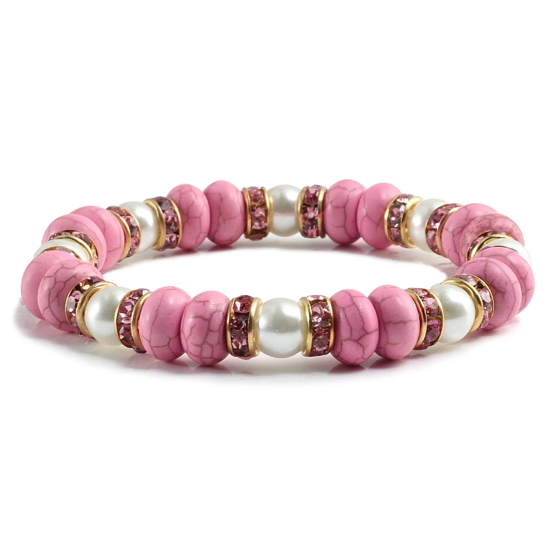 Charm Women Pink Beads Bracelets Pearl Natural Stone With Zircon Fashion Elastic Rope Strand Bracelet Handmade Yoga Jewelry Gift - Окраска металла: Pink Gold Pink