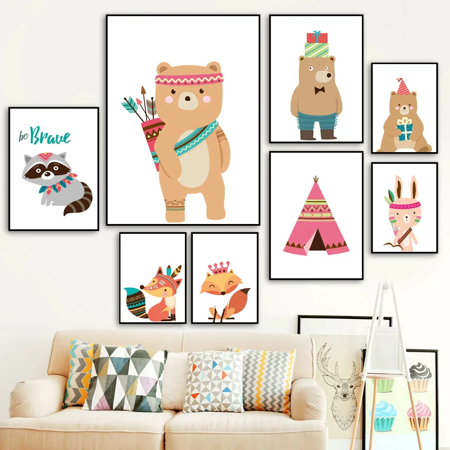 Cartoon Crown Fox Bear Cactus Tent Koala Animal Nordic Posters And Prints Wall Art Canvas Painting Wall Pictures Kids Room Decor