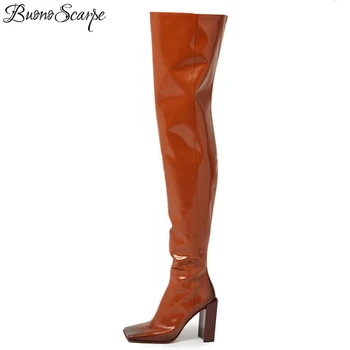 

BuonoScarpe Square Toe Stacked Block Heel Thigh High Boots Sexy Women High Heel Botas Side Zipper Over The Knee Women Boots