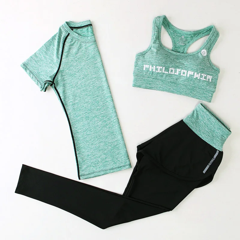 Женский комплект для фитнеса, йоги, гимнастические костюмы, 3 шт., женская спортивная одежда, одежда для бега, спортивный костюм, майка, топ, леггинсы, ZF196 - Цвет: Green sets