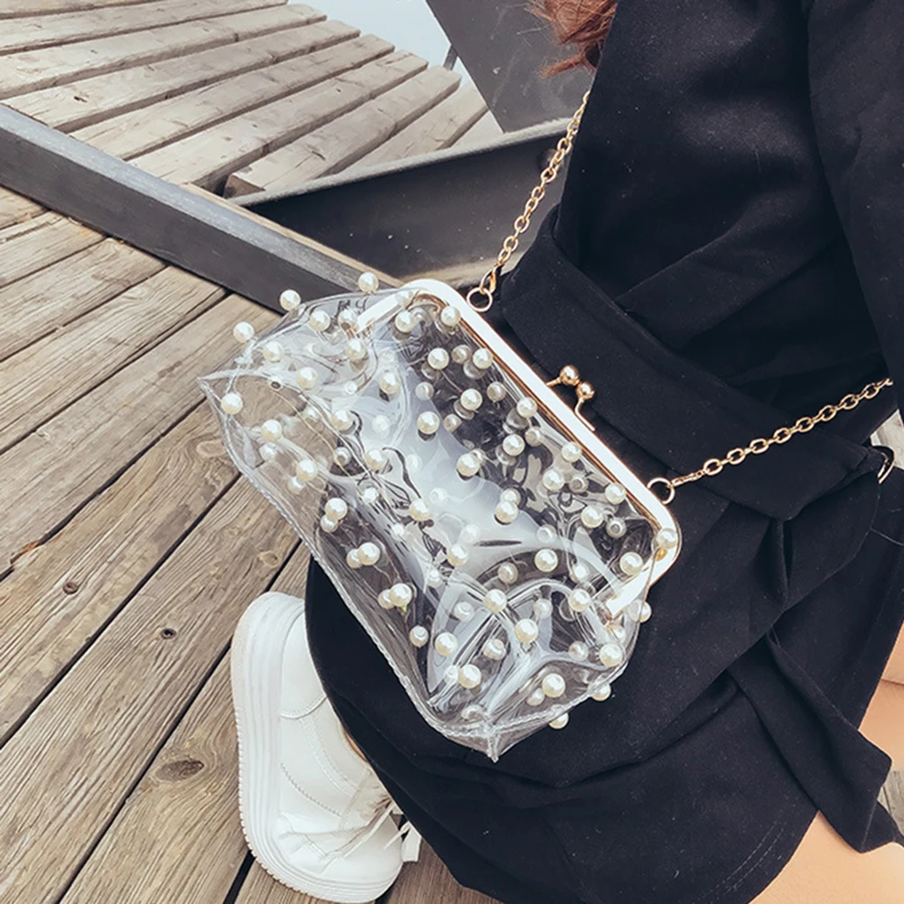 Модная жемчужная Прозрачная ПВХ женская сумка-мессенджер мини Голограмма лазерная сумка через плечо с цепочкой для девочек маленькая муфта сцепления сумки