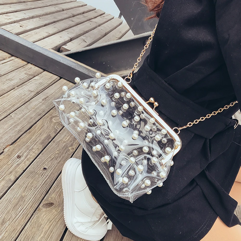 2018 Fashion Pearl Transparent PVC Women Messenger Bag Mini Hologram Laser Chains Shoulder Bag Girls Small Clutch Crossbody bags