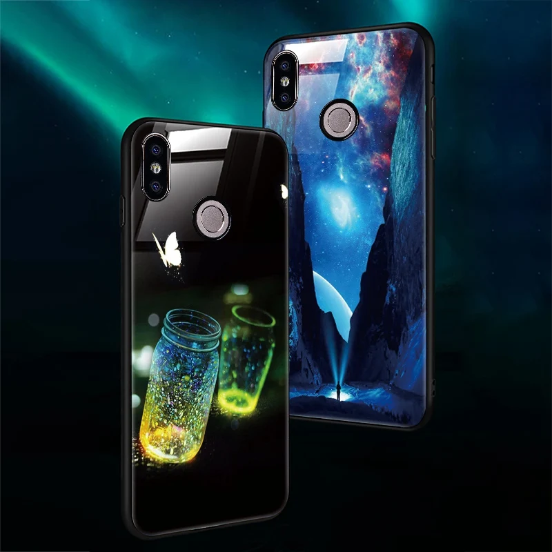 Luminous Glass Phone Case For Xiaomi Redmi 4X Note 5 6 Pro 6A Luxury Back Cover Case For Xiaomi Redmi 5 Plus Mi A1 A2 Lite