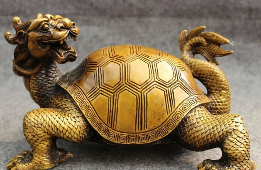 

JP S0608 9" Chinese Bronze FengShui Wealth RuYi Longevity Dragon Turtle Statue Animals