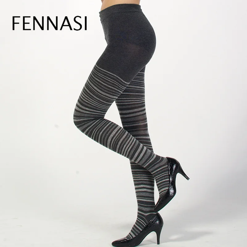Женские колготки в полоску FENNASI плотные теплые хлопковые с высокой талией зимние
