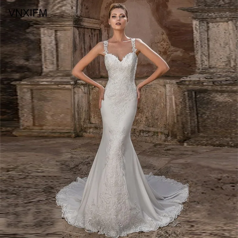 

VNXIFM 2019-bridal-sleeveless-strap-sweetheart-neckline-bodice-hem-elegant-fit-and-flare-wedding-dress-lace-button-back