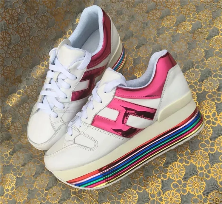 

Rainbow Thick Heel Women Sneakers Genuine Leather Platform Woman Casual Shoes Thick Heel 6cm Lace-up Female Sport Tennis Shoes
