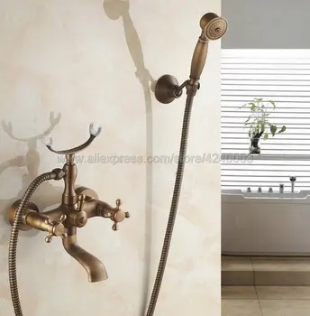 

Antique Brass Bathtub Mixer Faucet Dual Handle Bath Shower Set with Hand Shower Swivel Tub Spout Ktf155
