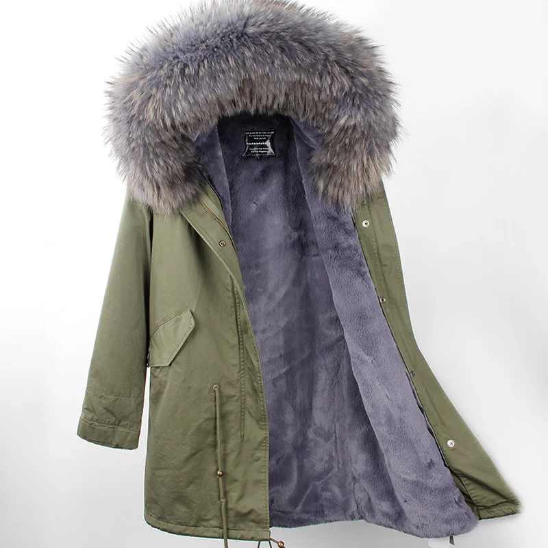 Брендовая женская зимняя куртка, длинная, съемная подкладка, армейский зеленый цвет, парка, большая, натуральный мех енота, пальто с капюшоном, верхняя одежда - Цвет: Green grey fur